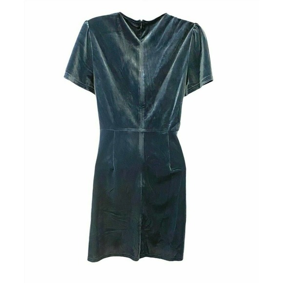 Aqua Blue-Gray Velvet Shimmer Stretch Deep V-Neck Plunge Cocktail Party Dress - Picture 5 of 13